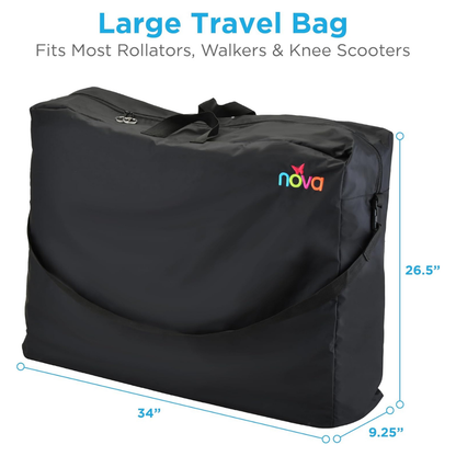 The Nova Extra-Large Carry & Travel Bag for Rollator Walkers & Transport Chairs measures 34 x 26.5 x 9.25 in, fits most rollators, walkers, and knee scooters, and features the nova logo with Large Travel Bag on the front.