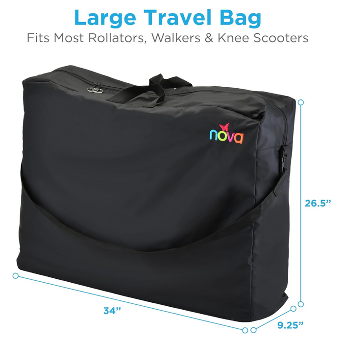 The Nova Extra-Large Carry & Travel Bag for Rollator Walkers & Transport Chairs measures 34 x 26.5 x 9.25 in, fits most rollators, walkers, and knee scooters, and features the nova logo with Large Travel Bag on the front.