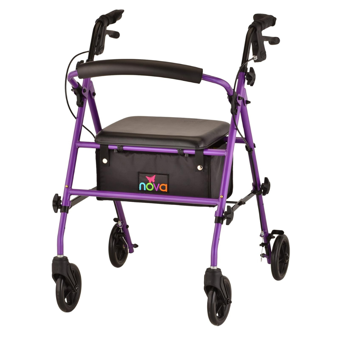The Nova Medical Journey Steel Lightweight Folding Rollator is a purple four-wheel walker with black hand grips, seat, and a storage pouch under the seat featuring a colorful nova logo. It includes a reliable handle braking system for safety and comfort.