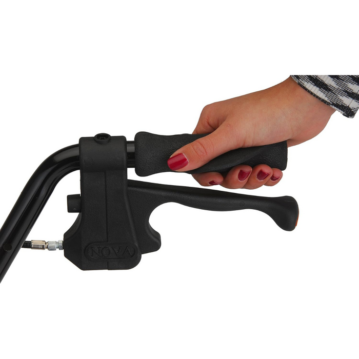 A hand with red nail polish grips the handle of a Nova Medical Journey Steel Lightweight Folding Rollator, showcasing NOVA on its casing. Wearing a striped long-sleeve shirt, the person navigates effortlessly, thanks to dual height adjustments for a personalized experience.