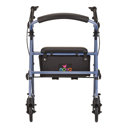 A blue Nova Medical Journey Steel Lightweight Folding Rollator is shown, featuring four wheels, a padded seat and backrest, a storage pouch beneath the seat with the Nova logo, and hand brakes on the handles.
