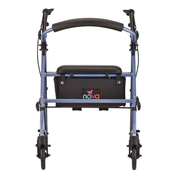 A blue Nova Medical Journey Steel Lightweight Folding Rollator is shown, featuring four wheels, a padded seat and backrest, a storage pouch beneath the seat with the Nova logo, and hand brakes on the handles.