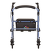 A blue Nova Medical Journey Steel Lightweight Folding Rollator is shown, featuring four wheels, a padded seat and backrest, a storage pouch beneath the seat with the Nova logo, and hand brakes on the handles.