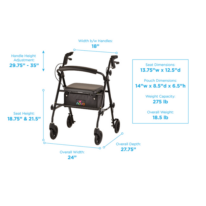 Introducing the Nova Medical Journey Steel Lightweight Folding Rollator: a black walker with dual height adjustments (29.75-35), a seat measuring 13.75W x 12.5D, and overall width of 24. It includes a pouch, weighs 18.5 lb, and supports up to 275 lb for comfort and convenience.
