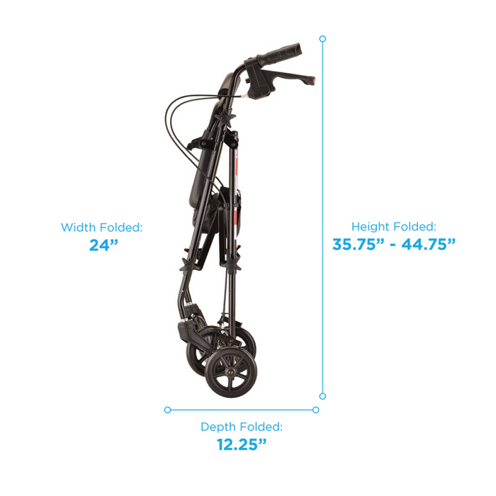 Side view of the Nova Medical Journey Steel Lightweight Folding Rollator, highlighting its sturdy steel frame. Folded dimensions: width 24, height adjustable 35.75-44.75, depth 12.25. Features three wheels and ergonomic hand grips for comfort and reliability.