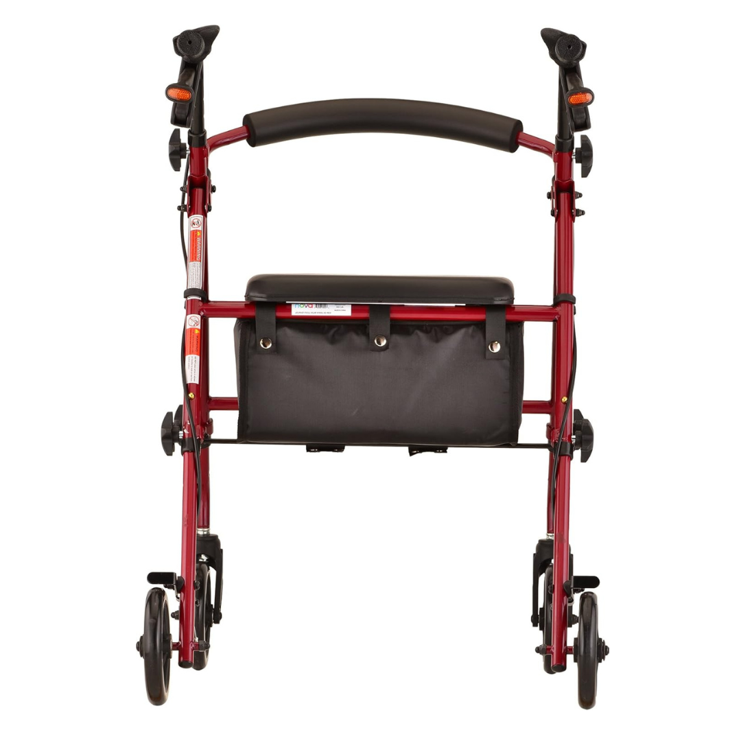 The Nova Medical Journey Steel Lightweight Folding Rollator in vibrant red includes four wheels, a padded seat, a convenient storage pouch underneath, hand brakes, and dual height adjustments for comfort.