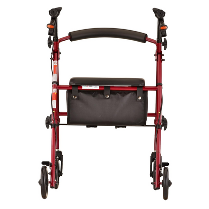 The Nova Medical Journey Steel Lightweight Folding Rollator in vibrant red includes four wheels, a padded seat, a convenient storage pouch underneath, hand brakes, and dual height adjustments for comfort.