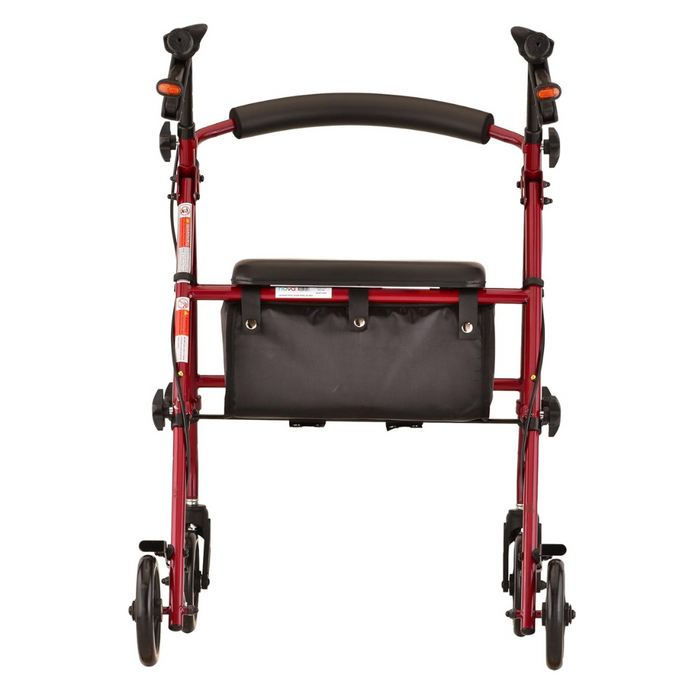 The Nova Medical Journey Steel Lightweight Folding Rollator in vibrant red includes four wheels, a padded seat, a convenient storage pouch underneath, hand brakes, and dual height adjustments for comfort.