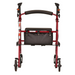 The Nova Medical Journey Steel Lightweight Folding Rollator in vibrant red includes four wheels, a padded seat, a convenient storage pouch underneath, hand brakes, and dual height adjustments for comfort.