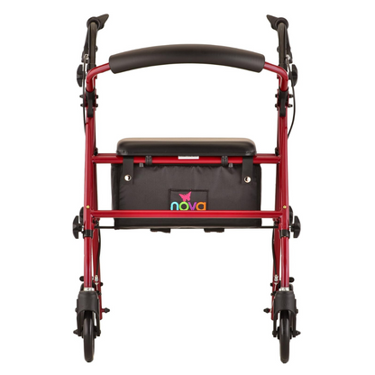 The Nova Medical Journey Steel Lightweight Folding Rollator is a red four-wheel walker with dual height adjustments, a cushioned seat, ergonomic handlebars, and a black storage pouch beneath the seat displaying the Nova brand.