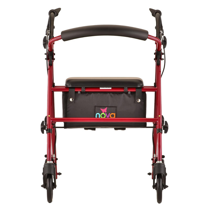 The Nova Medical Journey Steel Lightweight Folding Rollator is a red four-wheel walker with dual height adjustments, a cushioned seat, ergonomic handlebars, and a black storage pouch beneath the seat displaying the Nova brand.