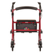 The Nova Medical Journey Steel Lightweight Folding Rollator is a red four-wheel walker with dual height adjustments, a cushioned seat, ergonomic handlebars, and a black storage pouch beneath the seat displaying the Nova brand.