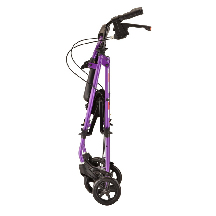 The Nova Medical Journey Steel Lightweight Folding Rollator is a folded purple walker featuring black handles, brakes, and four wheels. Its compact design ensures personal mobility with visible brake cables enhancing the sleek frame.