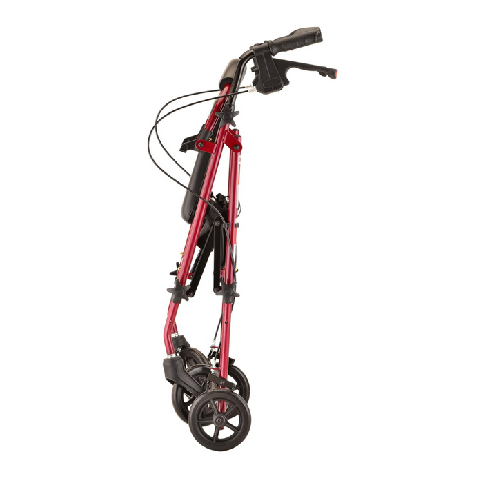 The folded Nova Medical Journey Steel Lightweight Folding Rollator is red with black handles and wheels, designed for mobility assistance. Its compact design ensures easy storage and transport, featuring dual height adjustments with visible interconnected cables near the handles and wheels.