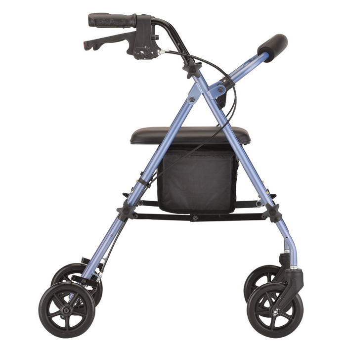 The Nova Medical Journey Steel Lightweight Folding Rollator in blue features four wheels, a black seat, handlebars with brakes, and a storage pouch underneath. Perfect for mobility needs, it is displayed from the side on a white background.