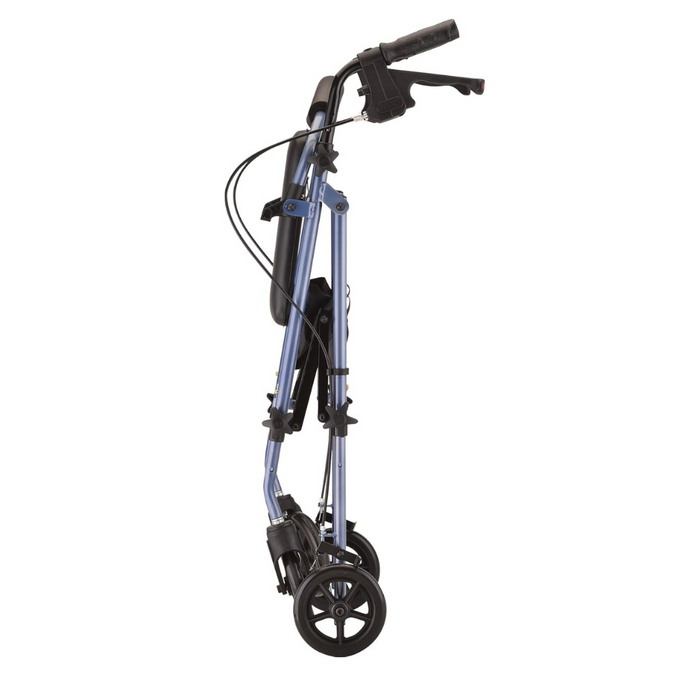 A side view of the Nova Medical Journey Steel Lightweight Folding Rollator, a compact blue walker with four wheels. It includes hand brakes, a seat with a backrest, and is designed for personal mobility assistance. Shown in its folded state for easy storage or transport.