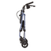 A side view of the Nova Medical Journey Steel Lightweight Folding Rollator, a compact blue walker with four wheels. It includes hand brakes, a seat with a backrest, and is designed for personal mobility assistance. Shown in its folded state for easy storage or transport.
