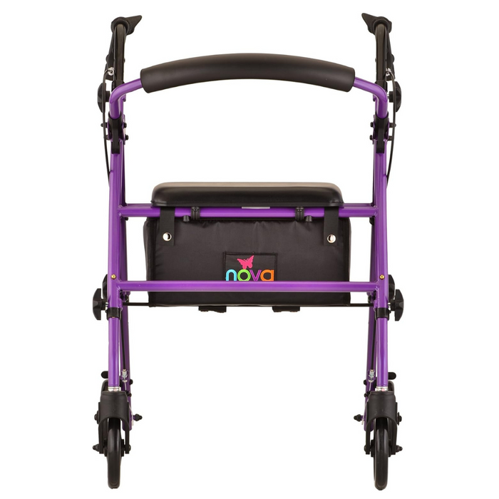 The Nova Medical Journey Steel Lightweight Folding Rollator in purple has four wheels, a black padded seat, handlebars, and a storage pouch with the Nova logo. Its foldable and designed for personal mobility and on-the-go convenience.