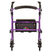 The Nova Medical Journey Steel Lightweight Folding Rollator in purple has four wheels, a black padded seat, handlebars, and a storage pouch with the Nova logo. Its foldable and designed for personal mobility and on-the-go convenience.