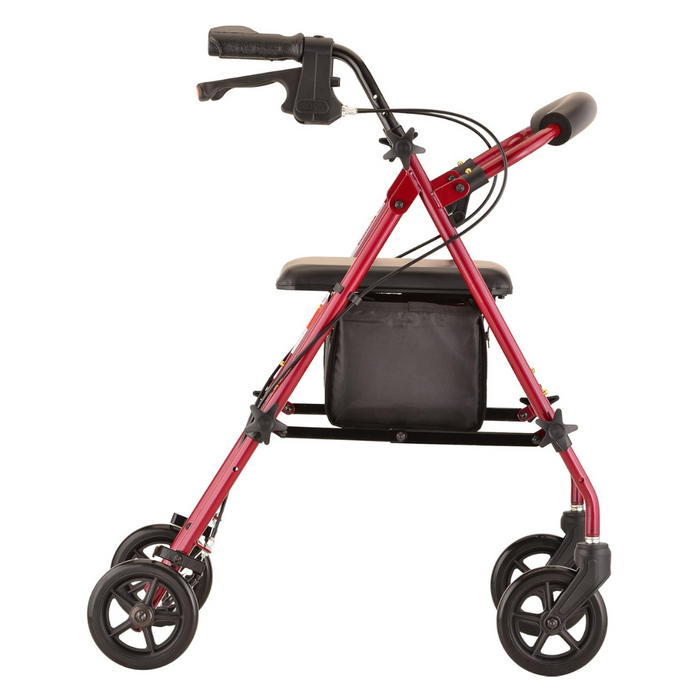 The Nova Medical Journey Steel Lightweight Folding Rollator, shown from the side, is a red walker with four black wheels. It features a seat, a storage pouch beneath it, hand brakes on the handles, and folds conveniently for personal mobility aid.