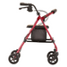 The Nova Medical Journey Steel Lightweight Folding Rollator, shown from the side, is a red walker with four black wheels. It features a seat, a storage pouch beneath it, hand brakes on the handles, and folds conveniently for personal mobility aid.