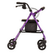 The Nova Medical Journey Steel Lightweight Folding Rollator is a purple walker with four wheels, a comfortable black padded seat, handlebars with brakes, and a storage bag beneath the seat. The image shows a side view of this efficient mobility aid.