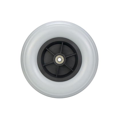 A close-up, top-down view of a single translucent white wheel with a black plastic hub and metal bearing, from the Nova Parts for 4900 Traveller Rollator, isolated on a white background.