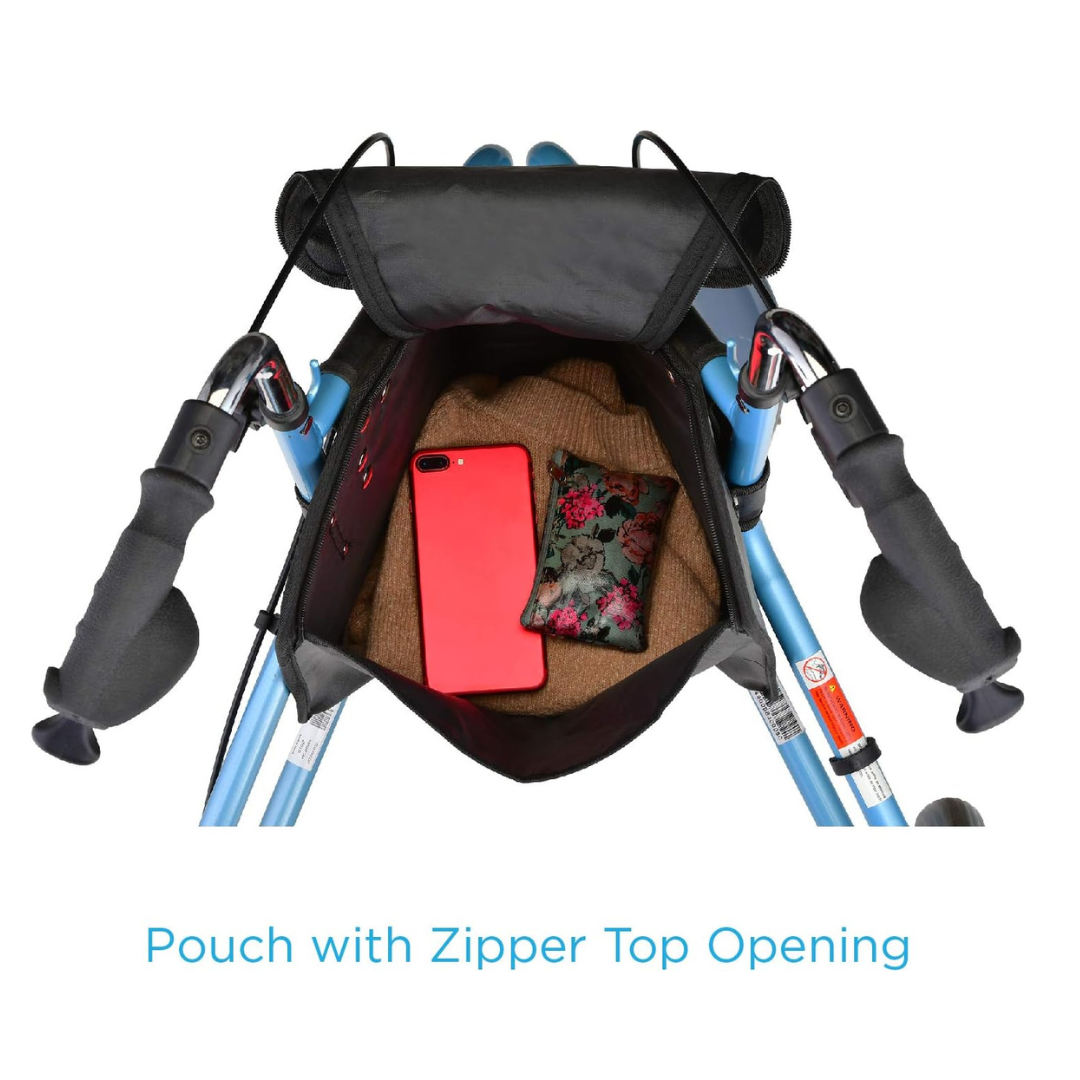 Top view of the Nova Parts for 4900 Traveller Rollator shows a black pouch with a zipper top opening, unzipped to display a red smartphone, floral case, and brown knit item inside. Text reads, “Pouch with Zipper Top Opening.”.