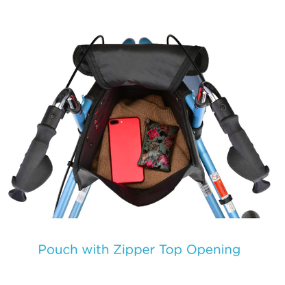 Top view of the Nova Parts for 4900 Traveller Rollator shows a black pouch with a zipper top opening, unzipped to display a red smartphone, floral case, and brown knit item inside. Text reads, “Pouch with Zipper Top Opening.”.