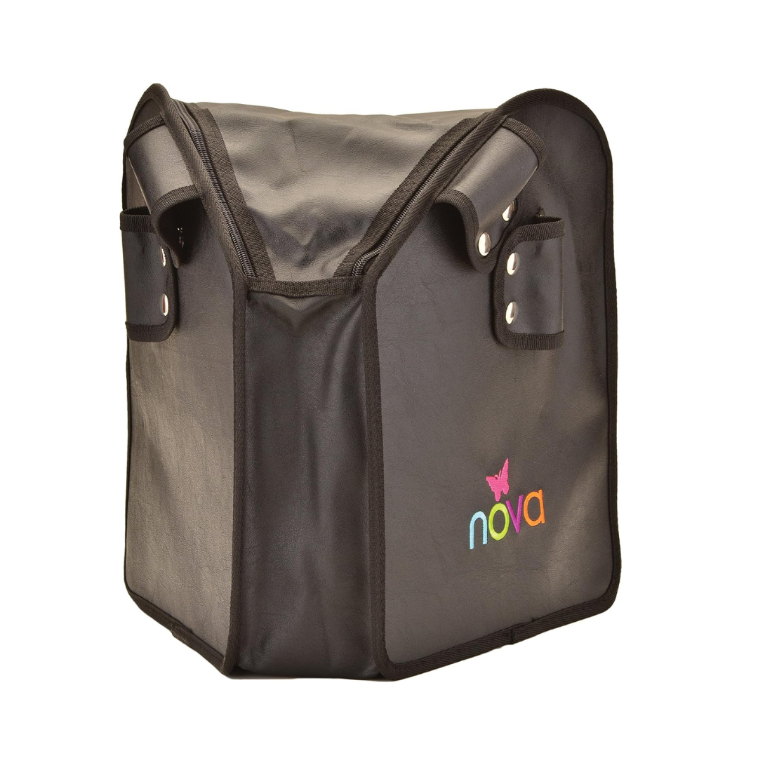 A Nova Parts for 4900 Traveller Rollator delivery bag: black, box-shaped with a flap cover, side pockets, “nova” in colorful letters and a purple butterfly logo on the front, shown against a white background.