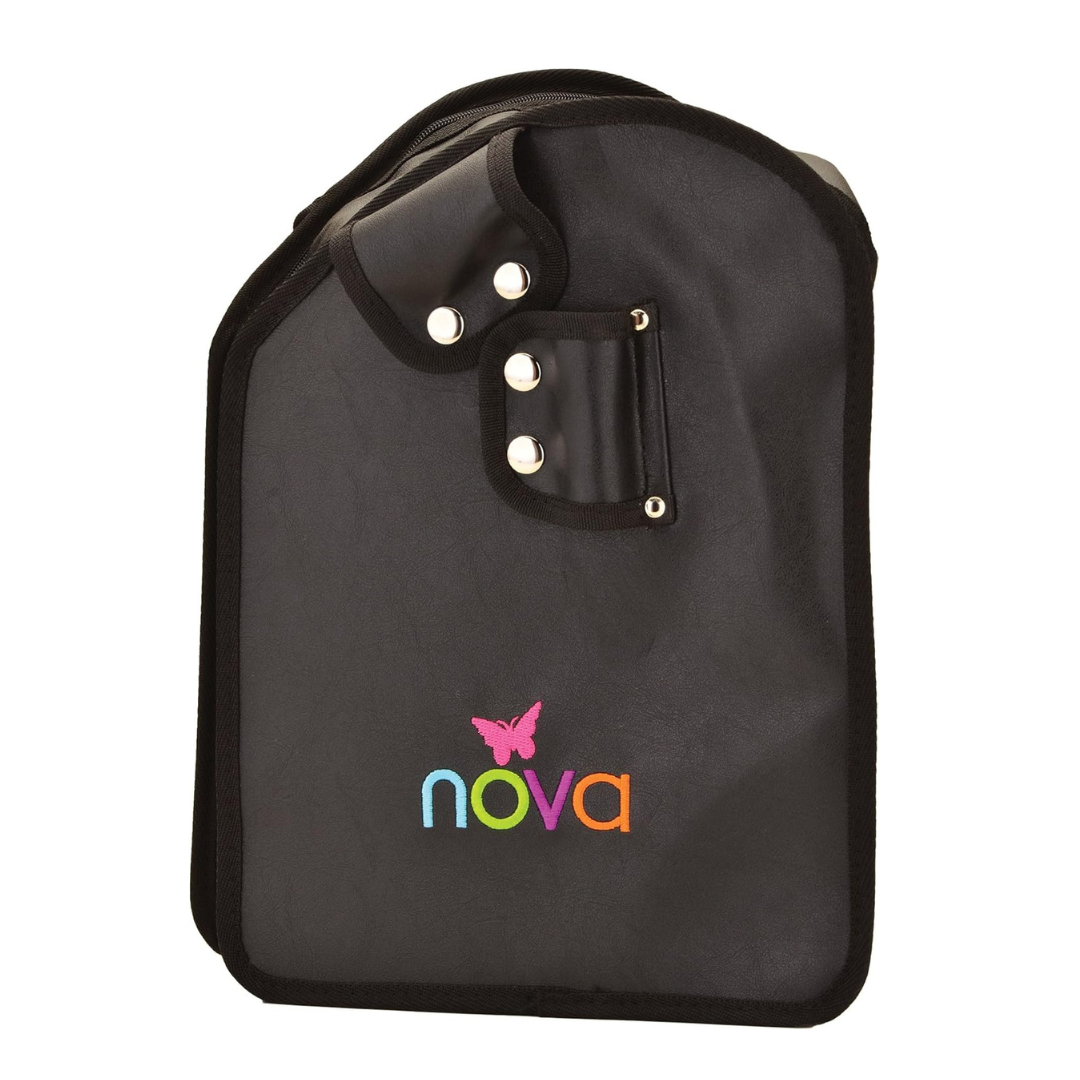 Black carrying case for Nova Parts for 4900 Traveller Rollator with silver buttons, pink butterfly, and "nova" in colorful lowercase letters on the front. Features a flap closure and rounded edges.