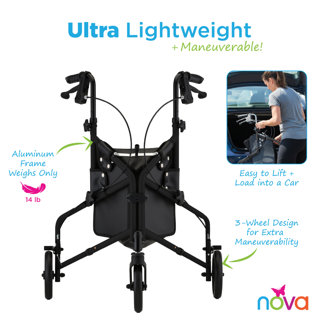 The Nova Active Lightweight 3-Wheel Rollator, shown from the back in black with an aluminum frame, weighs just 14 lb for easy lifting and extra maneuverability—an ideal choice for daily use. Nova logo displayed bottom right.