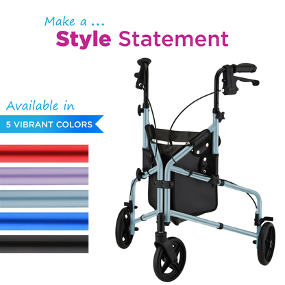 The Nova Active Lightweight 3-Wheel Rollator is shown in light blue with a storage pouch. The image displays five frame colors: red, purple, blue, black, and silver—offering a stylish foldable mobility aid to suit any preference.