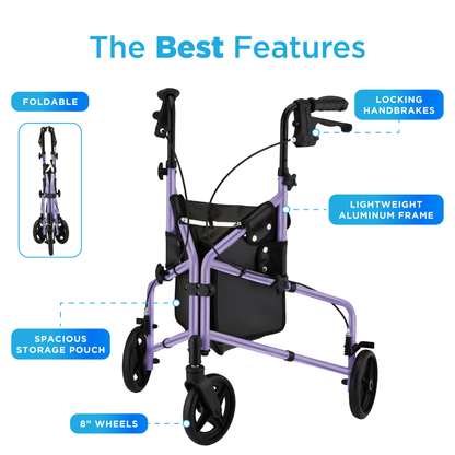 The Nova Active Lightweight 3-Wheel Rollator in purple with black handles and 8-inch wheels is shown. Labels highlight its foldable design, locking handbrakes, lightweight aluminum frame, and spacious storage pouch.