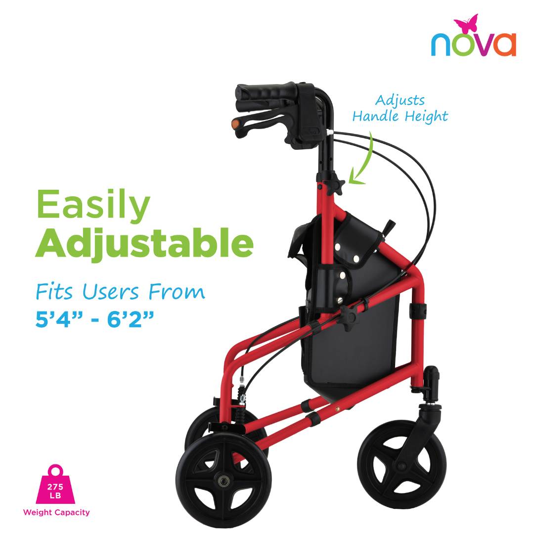 The Nova Active Lightweight 3-Wheel Rollator in red has black handles and wheels, adjustable handle height for users 5'4"–6'2", supports up to 275 lbs, and features a foldable frame highlighted by a green arrow on the handle.