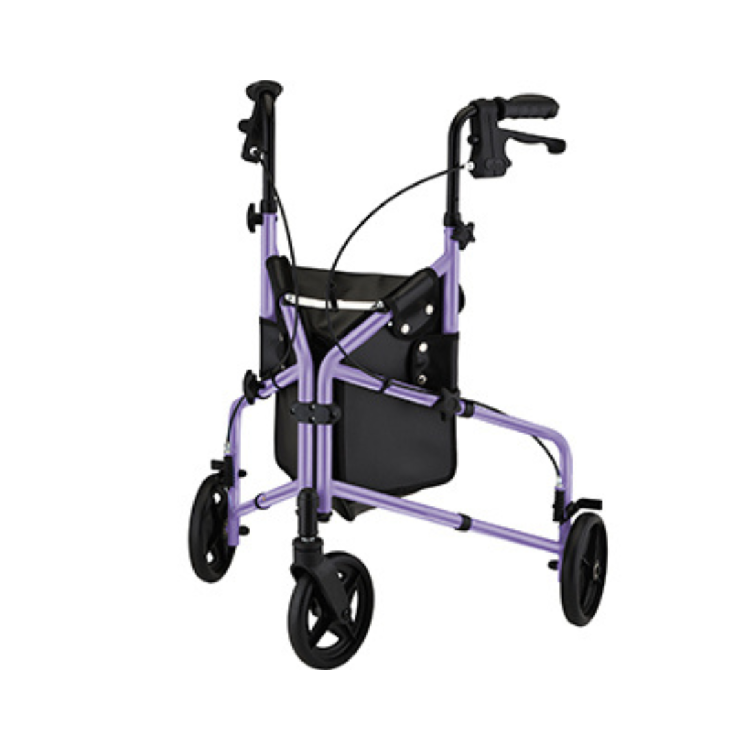 The Nova Active Lightweight 3-Wheel Rollator is a purple mobility aid with black handles, brakes, and a storage pouch, designed to provide lightweight support.