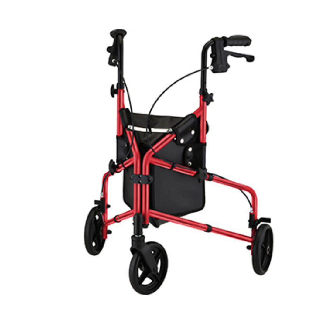 The Nova Active Lightweight 3-Wheel Rollator features a red and black frame, hand brakes, black handles, and a small storage pouch—offering portable mobility for enhanced freedom and convenience.