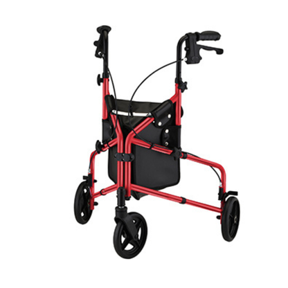 The Nova Active Lightweight 3-Wheel Rollator features a red and black frame, hand brakes, black handles, and a small storage pouch—offering portable mobility for enhanced freedom and convenience.