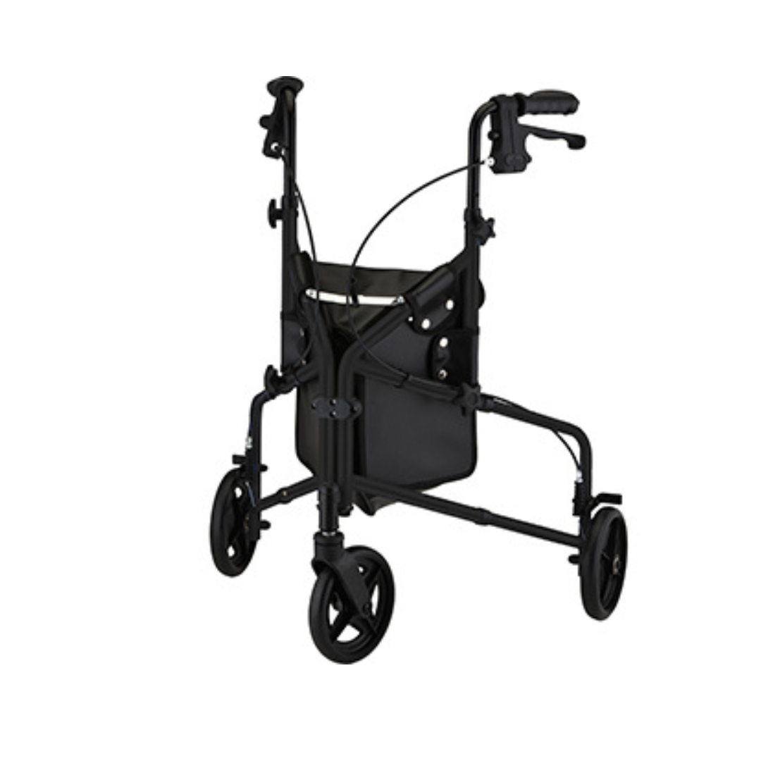 The Nova Active Lightweight 3-Wheel Rollator, shown against a white background, features a black frame, hand brakes, padded seat, and storage pouch—offering portable comfort and convenience for users on the go.