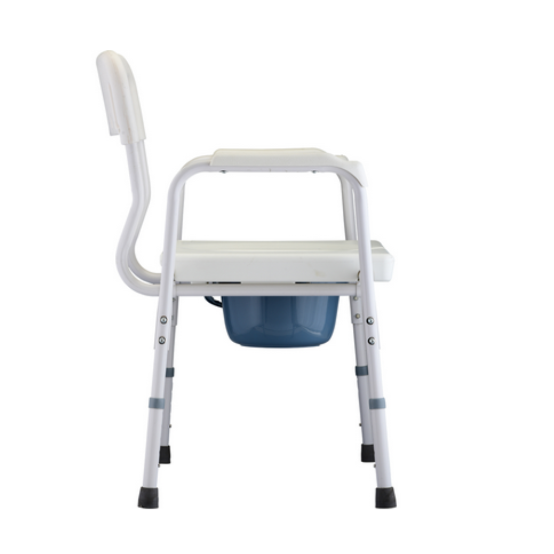 The Nova Heavy Duty Bedside Commode, designed in white metal, includes a removable blue plastic container and a supportive backrest, perfect for lateral transfers as a stand-alone or over toilet solution.