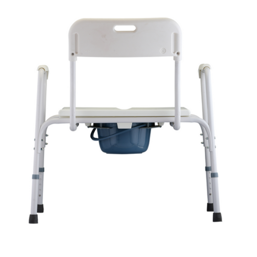 The Nova Heavy Duty Bedside Commode, usable standalone or over a toilet, features a white medical design with a removable blue bucket and backrest. It has four adjustable metal legs with non-slip rubber tips for easy lateral transfers.