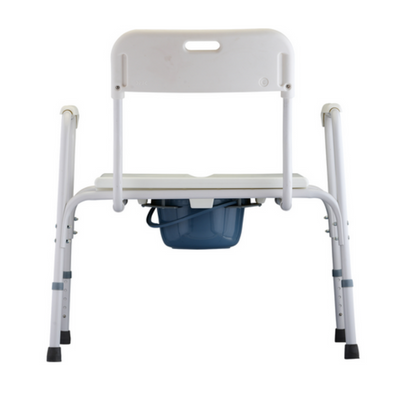 The Nova Heavy Duty Bedside Commode, usable standalone or over a toilet, features a white medical design with a removable blue bucket and backrest. It has four adjustable metal legs with non-slip rubber tips for easy lateral transfers.