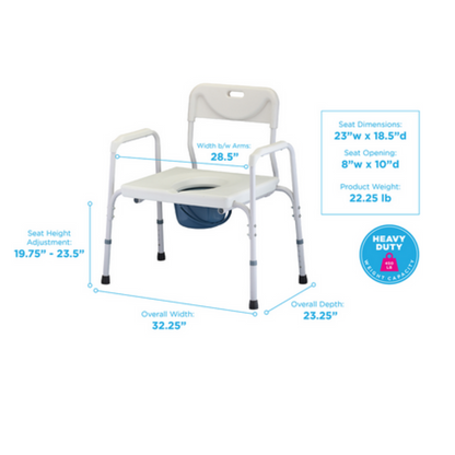 The Nova Heavy Duty Bedside Commode, stand-alone or over toilet, offers a versatile design with a backrest and armrests. It features 28.5 seat dimensions and an overall width of 32.25. Ideal for lateral transfers with adjustable legs, removable bucket, and weighs 22.25 lbs for easy accessibility.