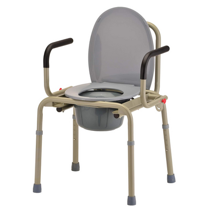 The Nova Drop Arm 3-In-1 Commode is gray and portable, with a seat, lid, and armrests. It includes a drop-arm for easy transfer and a removable bucket. The tool-free assembly structure is supported by four adjustable metal legs for stability and height adjustment.