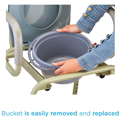 A person in a denim jacket removes a gray bucket from a Nova Drop Arm 3-In-1 Commode. The chair, with metal arms, promotes easy tool-free bucket removal and replacement, offering versatile standalone or over toilet use.