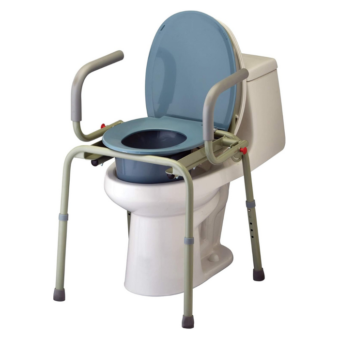 The Nova Drop Arm 3-In-1 Commode features an elevated seat with armrests for accessibility and a drop arm design. Its adjustable frame fits securely over the toilet, offering support. The gray seat contrasts with the white base, and it assembles without tools for convenience.