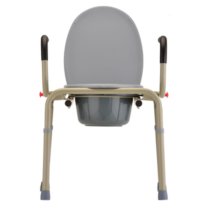 The Nova Drop Arm 3-In-1 Commode - Stand Alone or Over Toilet is a portable gray commode with a sturdy metal frame, two black armrests for easy assembly without tools, an open seat lid with a removable bucket underneath, and legs with non-slip rubber tips for stability.