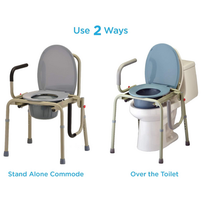 Image of the Nova Drop Arm 3-In-1 Commode featuring handles. On the left, its used standalone; on the right, it fits over a toilet. The text highlights Use 2 Ways to emphasize its adaptable design and easy, tool-free assembly for maximum convenience.