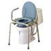 The Nova Drop Arm 3-In-1 Commode, usable as a standalone or over a toilet, includes an adjustable raised seat with armrests for support. It features a white frame with a blue seat for those with mobility challenges and offers tool-free assembly with its versatile drop-arm design.