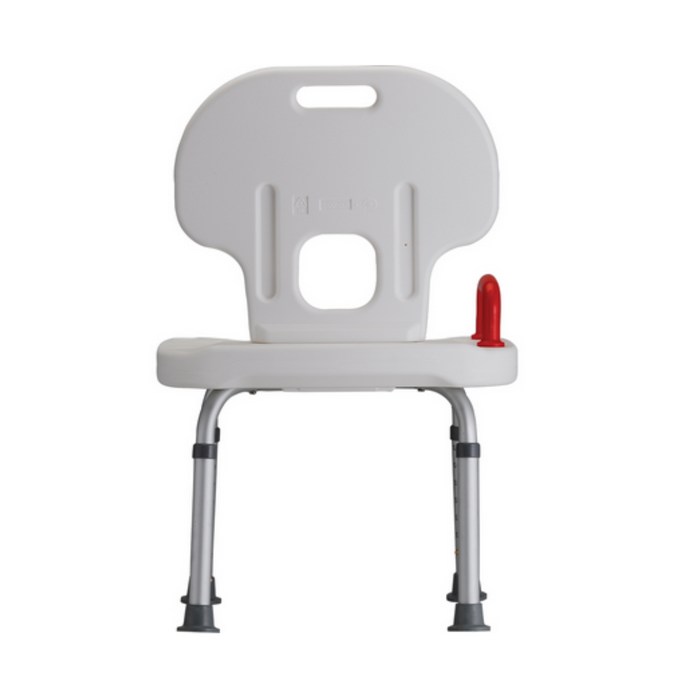 The Nova Medical Bath Seat With Back & Red Safety Handle is a white shower chair featuring gray metal legs, black non-skid rubber tips, and a red safety handle for added security.